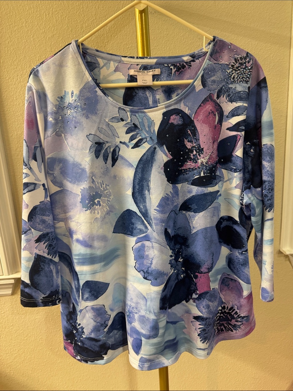 Allison Daley Blue, Navy & Pink Floral Long Sleeve Scoop Neck Top